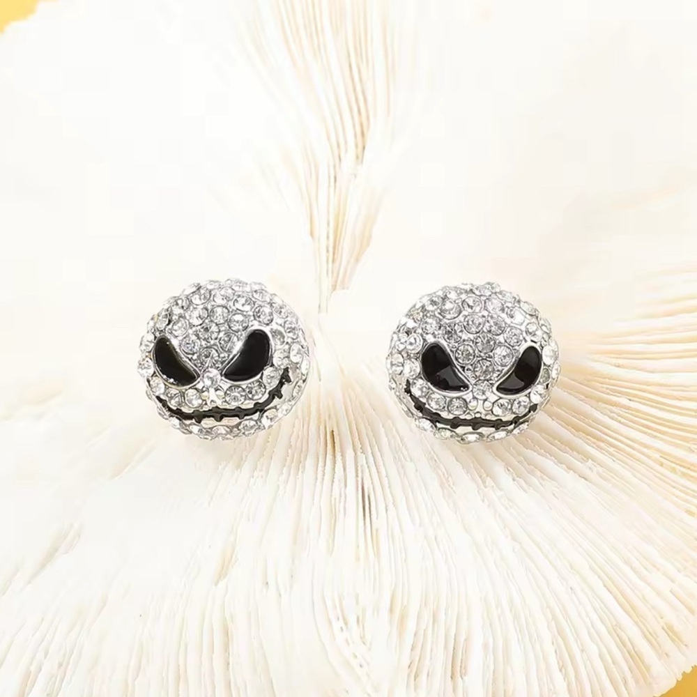 Silver Iced Out Nightmare Before Christmas Jack Skellington Stud Earrings - Picture 2 of 6
